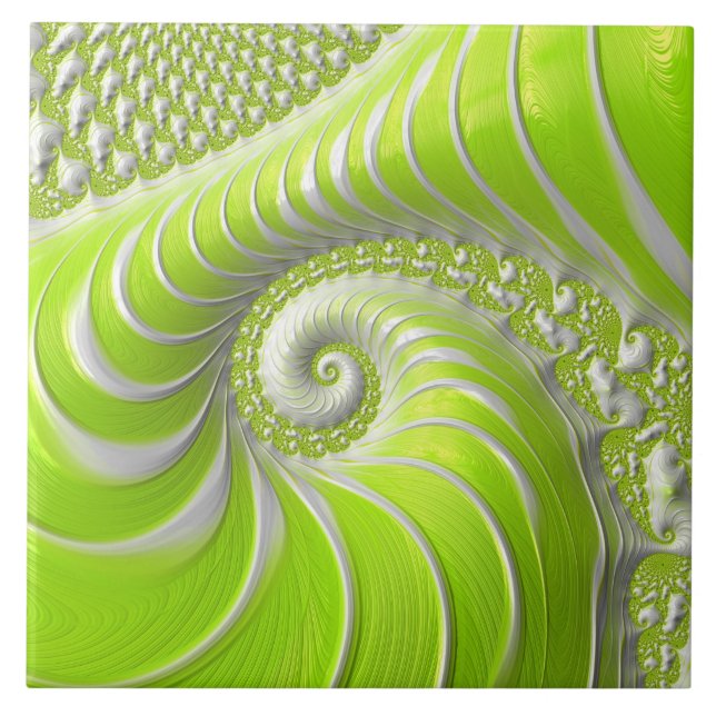 Abstract Modern Lime Green Spiral Fractal Ceramic Tile (Front)