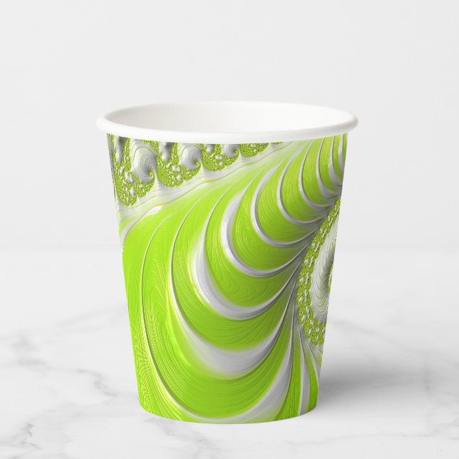 Abstract Modern Lime Green Spiral Fractal Paper Cups (Front)