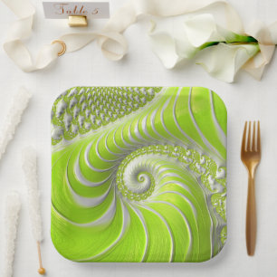 Abstract Modern Lime Green Spiral Fractal Paper Plate