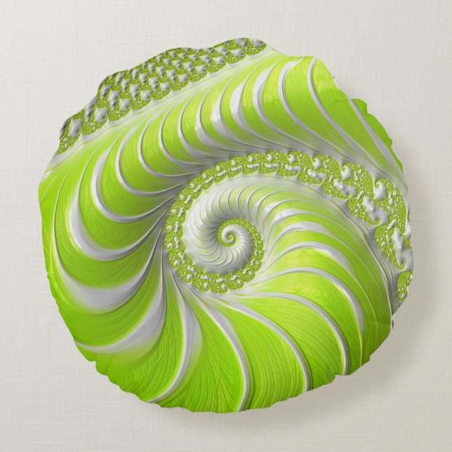 Abstract Modern Lime Green Spiral Fractal Round Cushion (Back)
