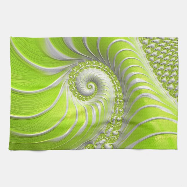 Abstract Modern Lime Green Spiral Fractal Tea Towel (Horizontal)