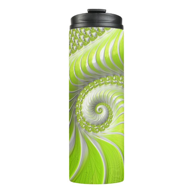 Abstract Modern Lime Green Spiral Fractal Thermal Tumbler (Front)