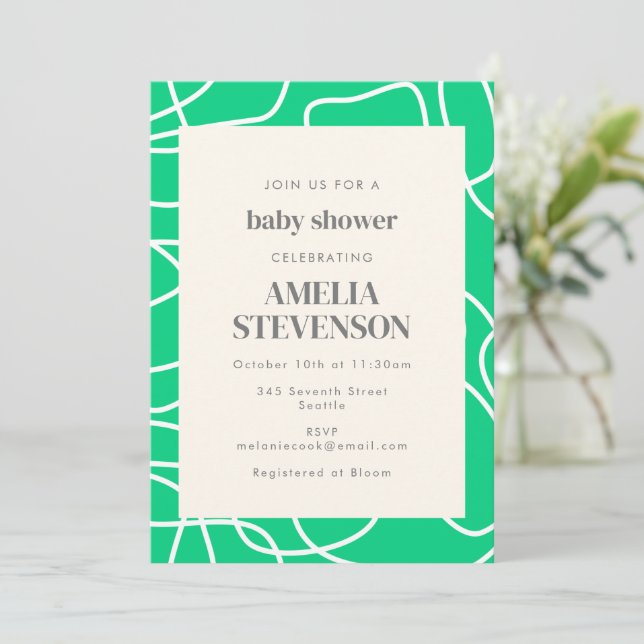 Abstract Modern Line Art Green Custom Baby Shower  Invitation (Standing Front)