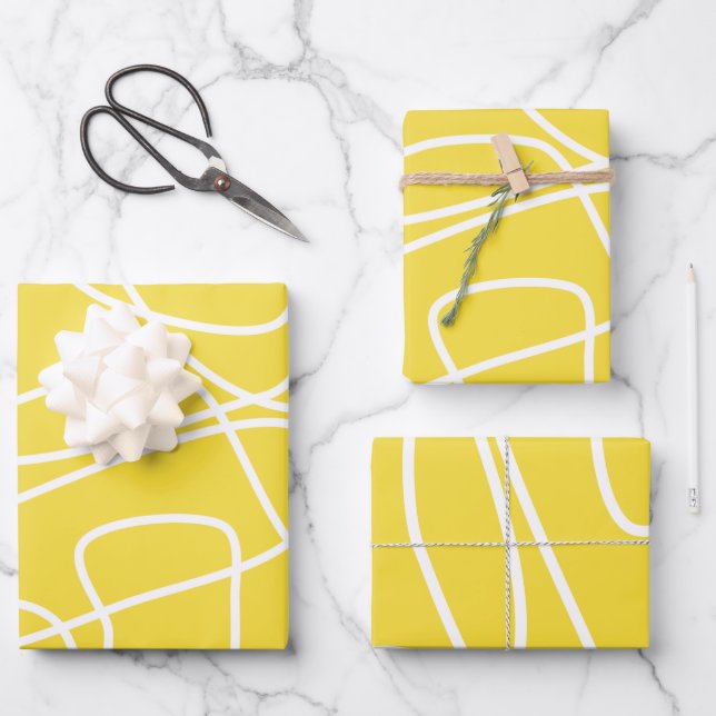 Abstract Modern Line Art in Yellow Cute Wrapping Paper Sheet (Front)