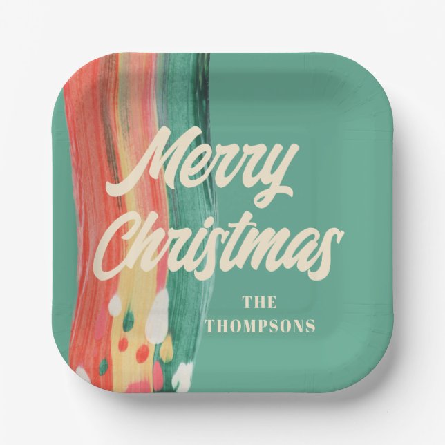 Abstract Modern Merry Christmas Personalised Name Paper Plate (Front)