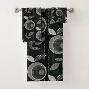 Abstract modern monochrome apple leaves black grey bath towel set