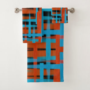 Abstract Modern Orange Blue Black Brush strokes Bath Towel Set