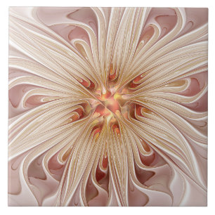 Abstract Modern Peach Pastel Flower Fractal Art Ceramic Tile