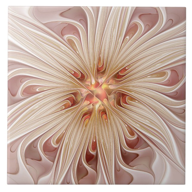 Abstract Modern Peach Pastel Flower Fractal Art Ceramic Tile (Front)