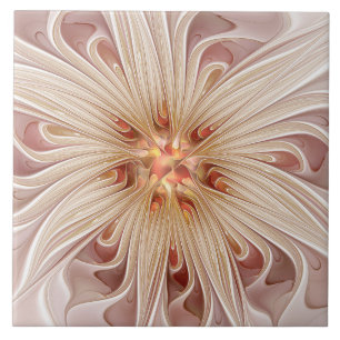 Abstract Modern Peach Pastel Flower Fractal Art Ceramic Tile