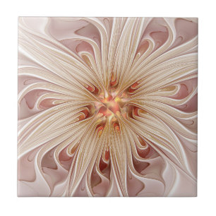 Abstract Modern Peach Pastel Flower Fractal Art Ceramic Tile