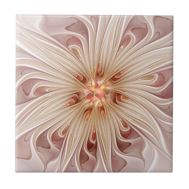 Abstract Modern Peach Pastel Flower Fractal Art Ceramic Tile (Front)