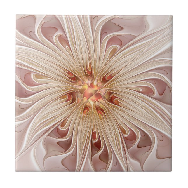 Abstract Modern Peach Pastel Flower Fractal Art Ceramic Tile (Front)