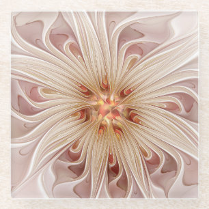 Abstract Modern Peach Pastel Flower Fractal Art Glass Coaster