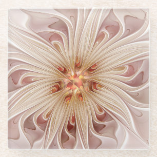 Abstract Modern Peach Pastel Flower Fractal Art Glass Coaster