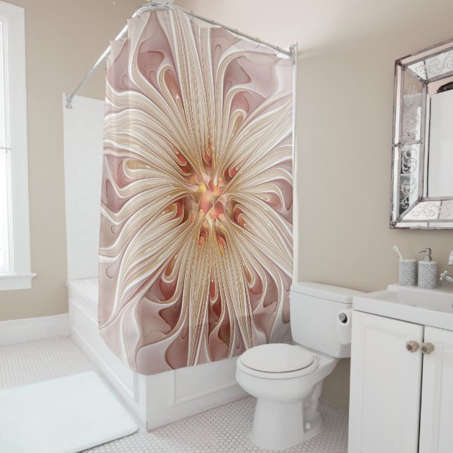 Abstract Modern Peach Pastel Flower Fractal Art Shower Curtain (In Situ)