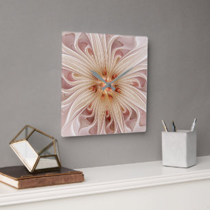 Abstract Modern Peach Pastel Flower Fractal Art Square Wall Clock