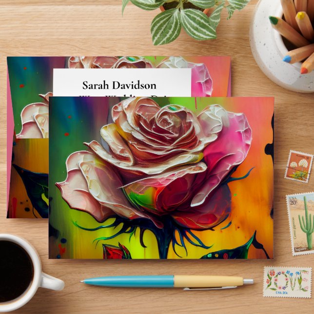 Abstract Modern Pink Roses Wedding Envelope (Desk)
