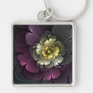 Abstract Modern Purpur Khaki Gray Fractal Flower Key Ring