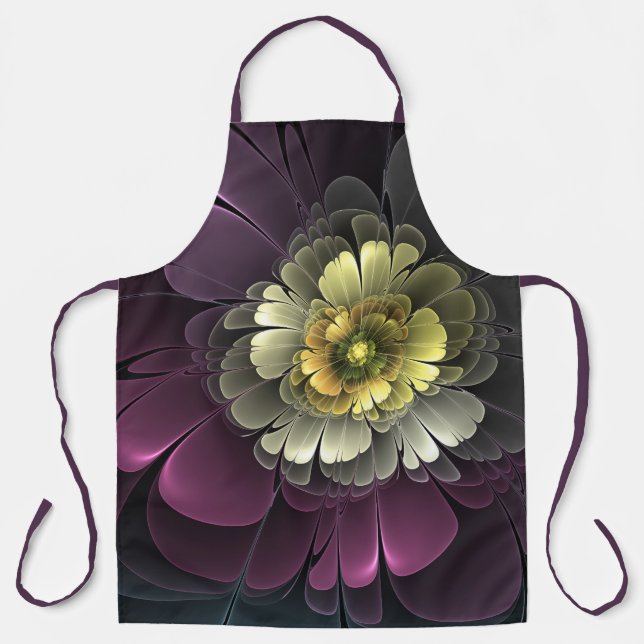 Abstract Modern Purpur Khaki Grey Fractal Flower Apron (Front)
