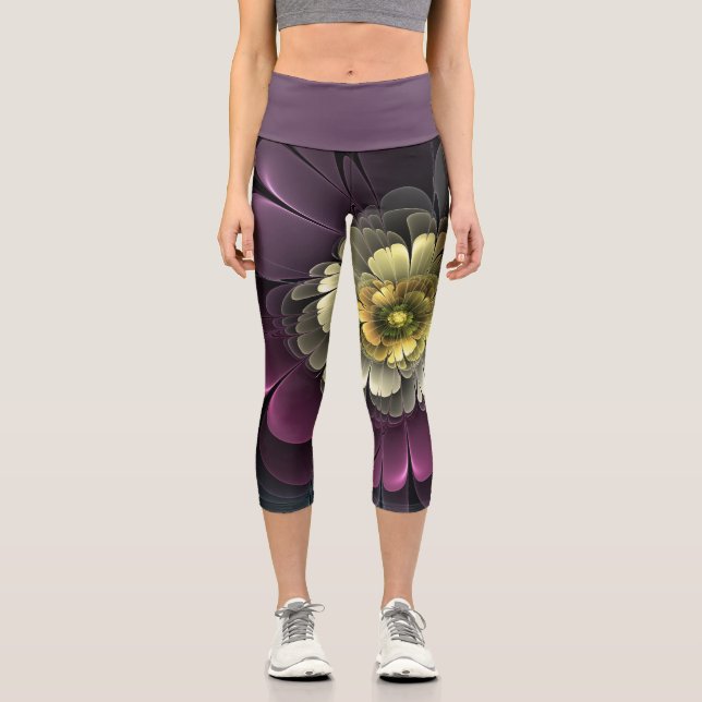 Abstract Modern Purpur Khaki Grey Fractal Flower Capri Leggings (Front)