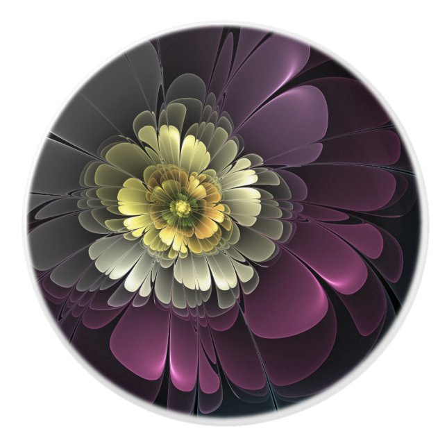 Abstract Modern Purpur Khaki Grey Fractal Flower Ceramic Knob (Front)