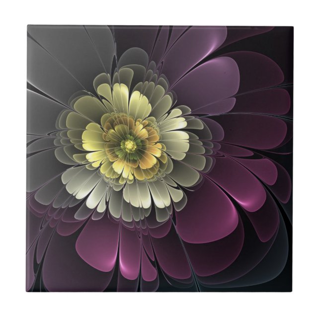Abstract Modern Purpur Khaki Grey Fractal Flower Ceramic Tile (Front)
