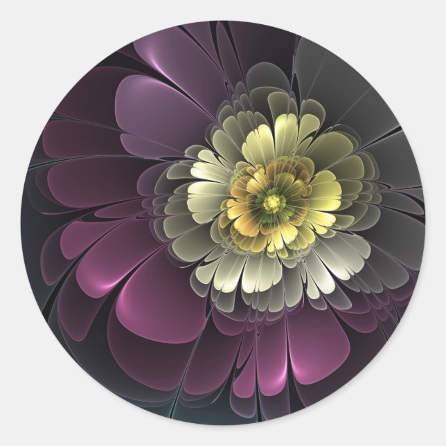 Abstract Modern Purpur Khaki Grey Fractal Flower Classic Round Sticker (Front)