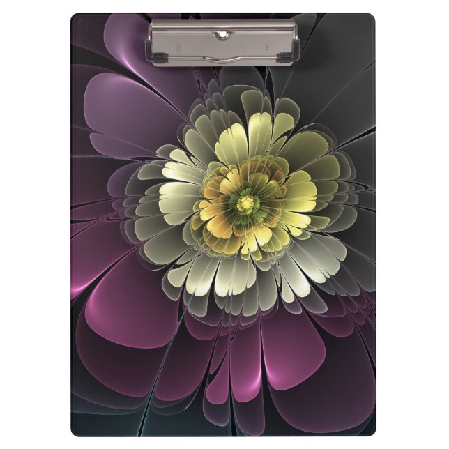 Abstract Modern Purpur Khaki Grey Fractal Flower Clipboard (Front)