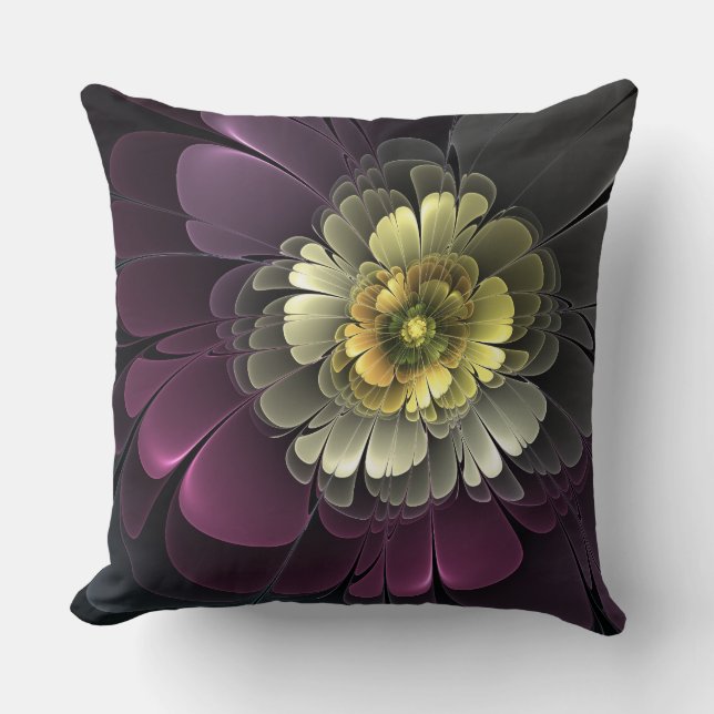 Abstract Modern Purpur Khaki Grey Fractal Flower Cushion (Front)