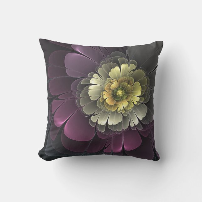 Abstract Modern Purpur Khaki Grey Fractal Flower Cushion (Front)