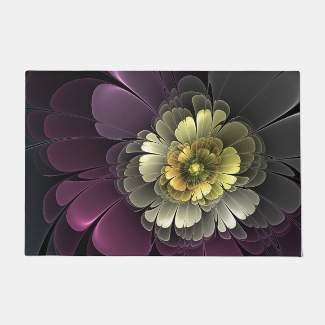 Abstract Modern Purpur Khaki Grey Fractal Flower Doormat (Front)