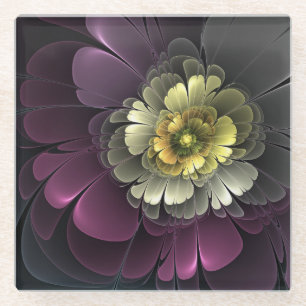 Abstract Modern Purpur Khaki Grey Fractal Flower Glass Coaster