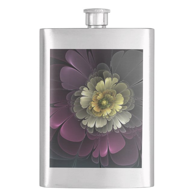 Abstract Modern Purpur Khaki Grey Fractal Flower Hip Flask (Front)