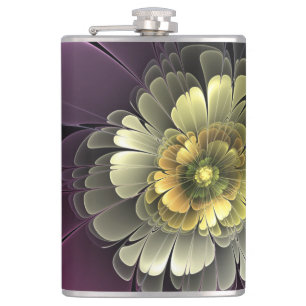 Abstract Modern Purpur Khaki Grey Fractal Flower Hip Flask