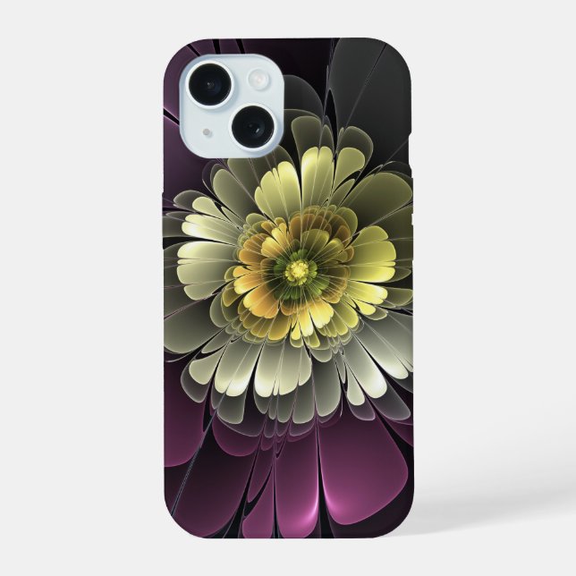 Abstract Modern Purpur Khaki Grey Fractal Flower iPhone 15 Case (Back)