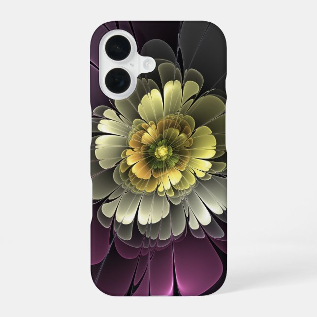 Abstract Modern Purpur Khaki Grey Fractal Flower iPhone 16 Case (Back)