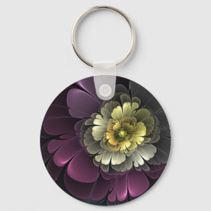 Abstract Modern Purpur Khaki Grey Fractal Flower Key Ring