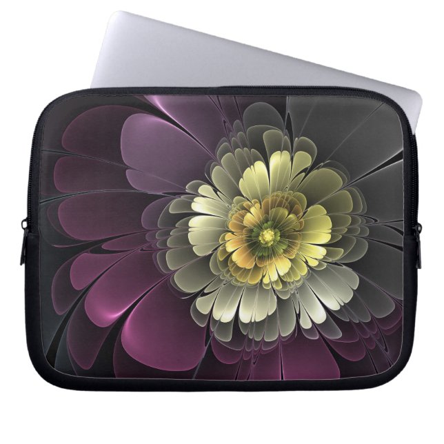 Abstract Modern Purpur Khaki Grey Fractal Flower Laptop Sleeve (Front)