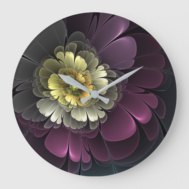 Abstract Modern Purpur Khaki Grey Fractal Flower Large Clock (Front)