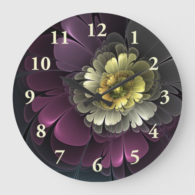 Abstract Modern Purpur Khaki Grey Fractal Flower Large Clock (Front)