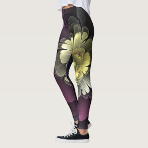 Abstract Modern Purpur Khaki Grey Fractal Flower Leggings