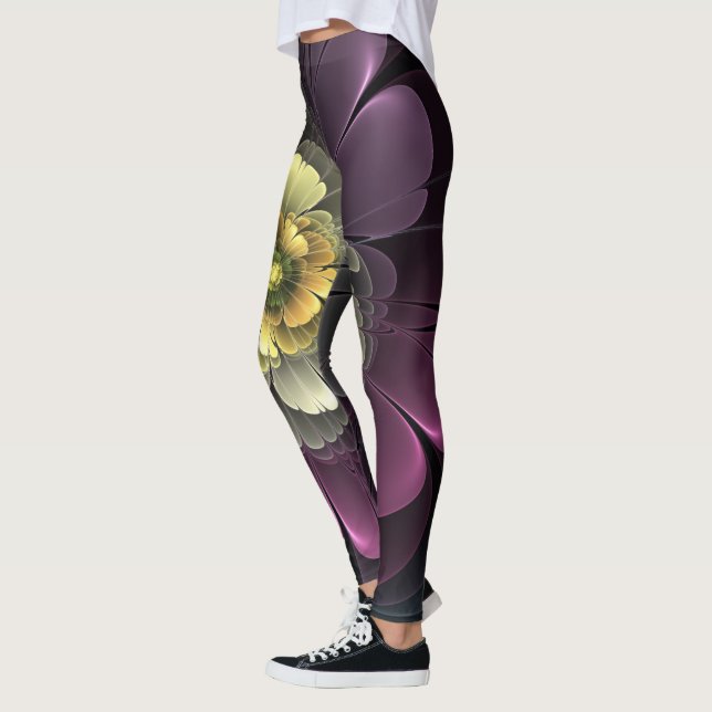 Abstract Modern Purpur Khaki Grey Fractal Flower Leggings (Left)