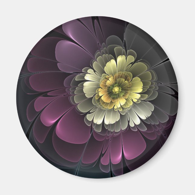 Abstract Modern Purpur Khaki Grey Fractal Flower Magnet (Front)