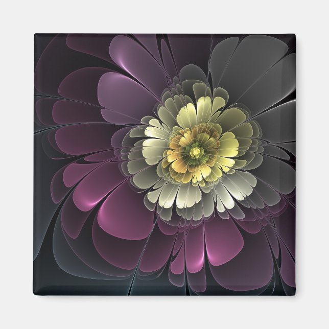 Abstract Modern Purpur Khaki Grey Fractal Flower Magnet (Front)