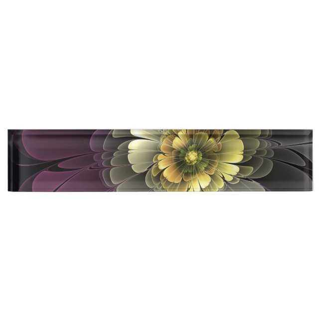 Abstract Modern Purpur Khaki Grey Fractal Flower Nameplate (Front)