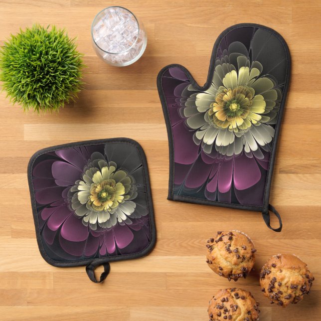 Abstract Modern Purpur Khaki Grey Fractal Flower Oven Mitt & Pot Holder Set (Top Down)