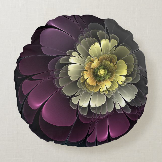 Abstract Modern Purpur Khaki Grey Fractal Flower Round Cushion (Front)