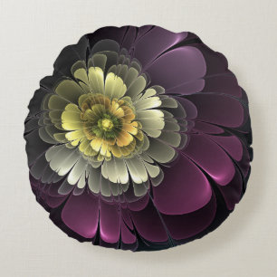 Abstract Modern Purpur Khaki Grey Fractal Flower Round Cushion