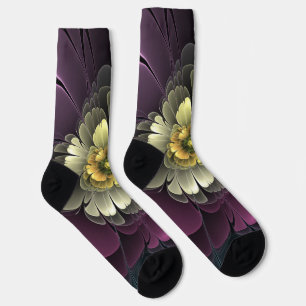 Abstract Modern Purpur Khaki Grey Fractal Flower Socks